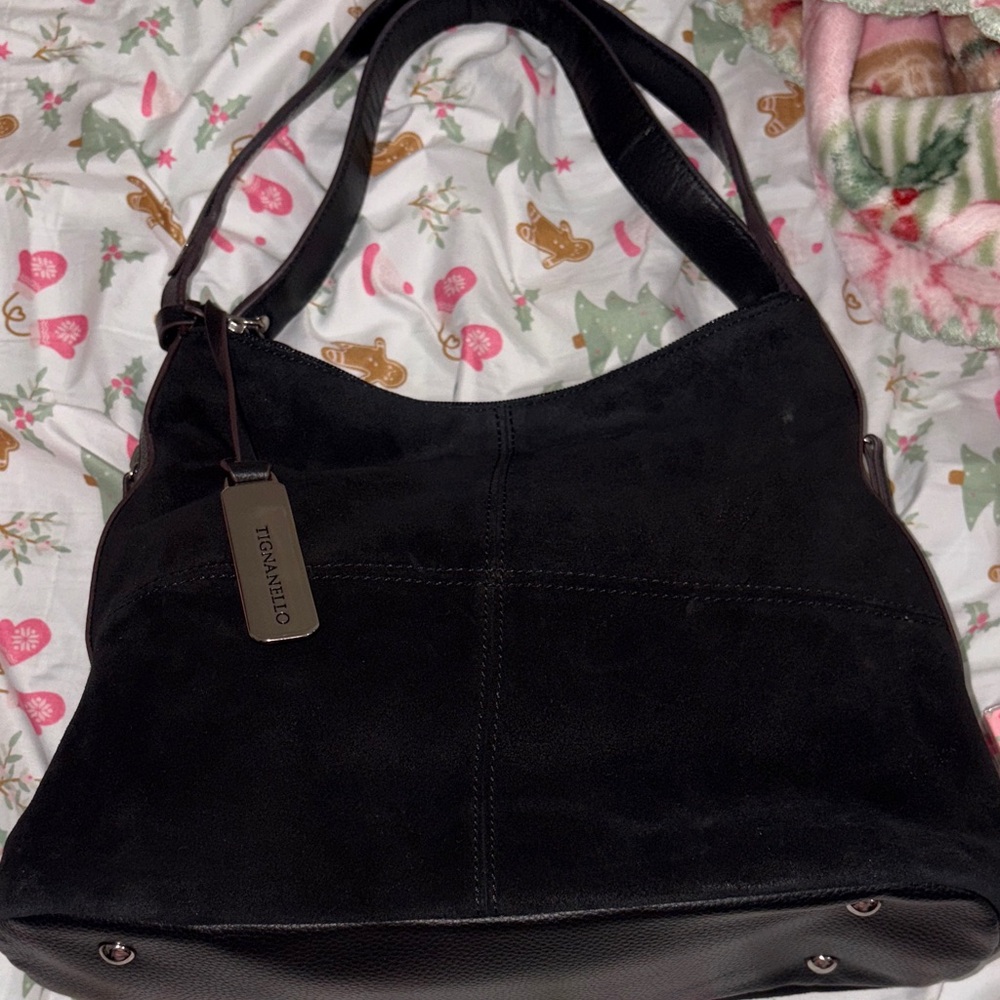 Tignanello Classic Black Suede Shoulder Bag - Timeless Everyday Style